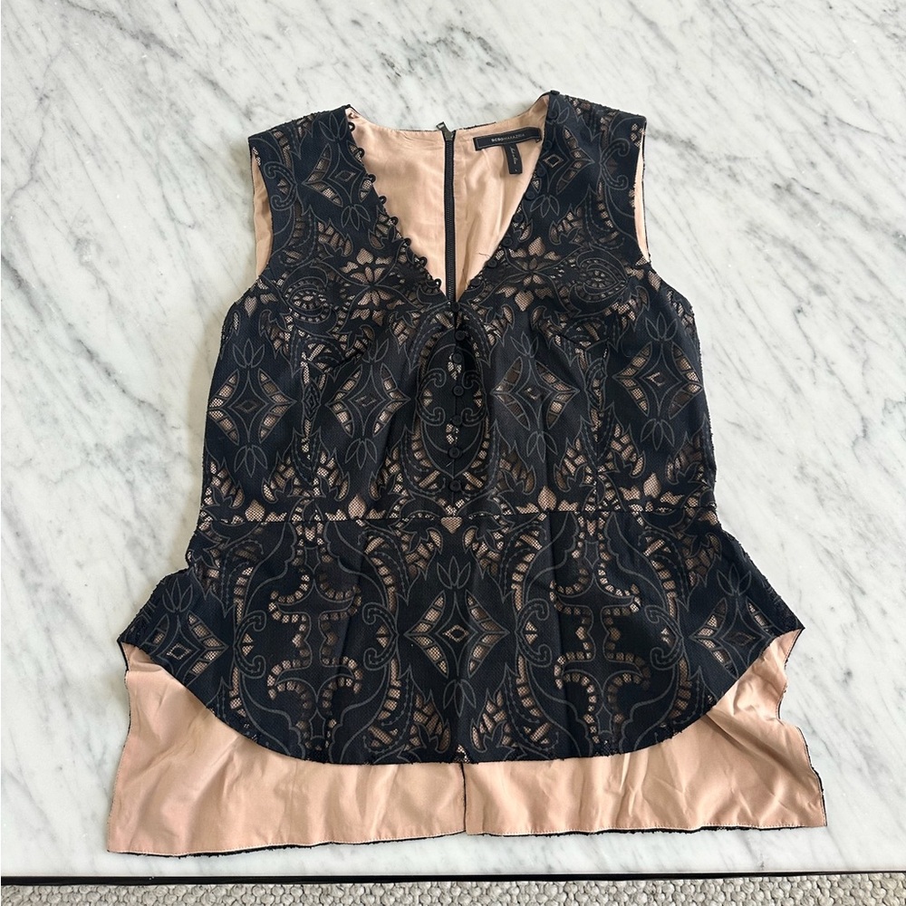 BCBGMaxAzria Black and Cream Peplum Blouse